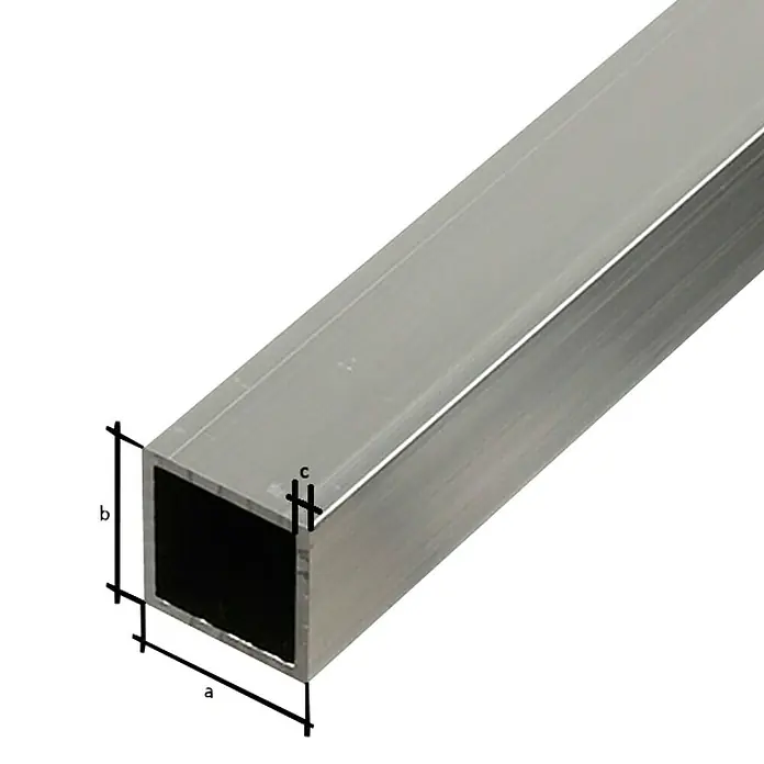 Alberts Tubo de forma cuadrada - 1.000 x 30 x 30 mm, Espesor: 1 mm, Plateado - Primer plano de un tubo cuadrado de aluminio plateado utilizado para construcciones y marcos.