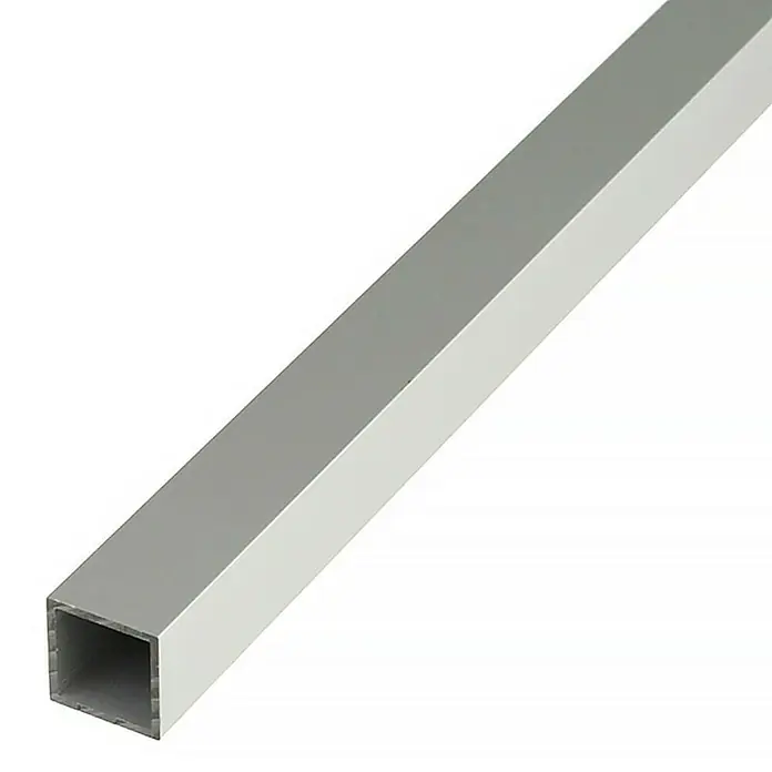 Stabilit Vierkantrohr - 2.000 x 10 x 10 mm, Stärke: 1 mm, Stahlgrau - Nahaufnahme eines silberfarbenen Aluminium-Vierkantrohrs, das für Konstruktionen und Rahmen verwendet wird.\n
