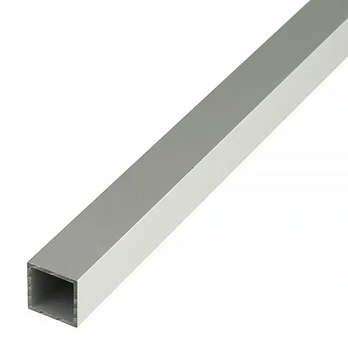 Stabilit Tubo de forma cuadrada - 2.000 x 40 x 40 mm, Espesor: 2 mm, Acero gris - Una vista detallada de un tubo cuadrado de aluminio plateado. Ideal para la construcción, la construcción de marcos y elementos de diseño. El tubo es ligero y robusto.