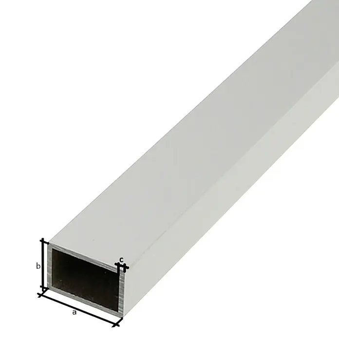 Stabilit Tubo de forma cuadrada - 1.000 x 50 x 20 mm, Espesor: 2 mm, Plateado - Representación de un tubo rectangular de aluminio blanco, ideal para diversas aplicaciones de construcción y diseño.