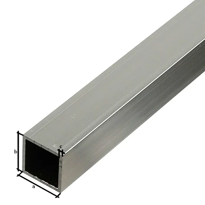 Alberts Tubo de forma cuadrada - L x An x Es: 2.000 x 30 x 2 mm, Plateado - Toma de un tubo cuadrado de aluminio, que muestra su construcción y propiedades del material.\n