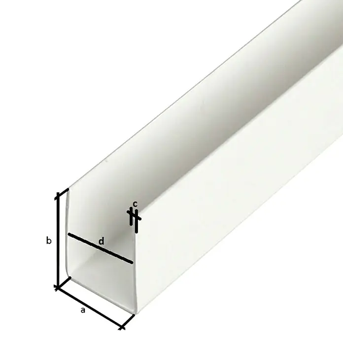 Stabilit Perfil en U - 2.000 x 10 x 12 mm, Espesor: 1 mm, Plástico, Blanco - Imagen de una bandeja de cables blanca que muestra las dimensiones a, b, c y d que representan las medidas de la bandeja.