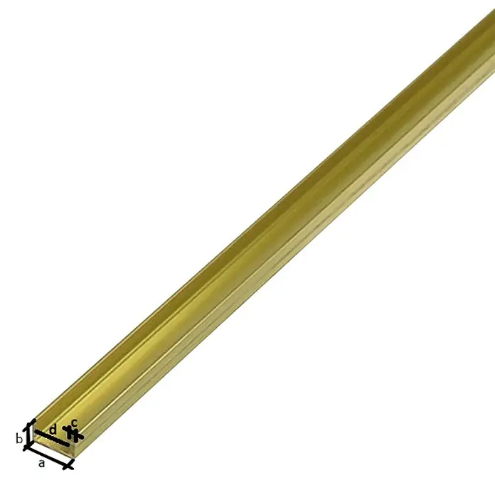 Stabilit Perfil en U - 1.000 x 6 x 6 mm, Espesor: 1 mm, Metal, Latón - Vista superior de un riel de perfil en U de color dorado. El riel es largo y de metal con una superficie lisa y reflectante.