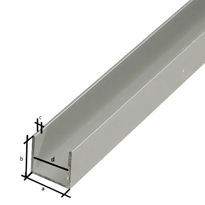Stabilit Perfil en U - 2.000 x 20 x 8 mm, Espesor: 2 mm, Plateado - Primer plano de un perfil en U de aluminio, que muestra la forma y las dimensiones del perfil. Ideal para aplicaciones de construcción y diseño.