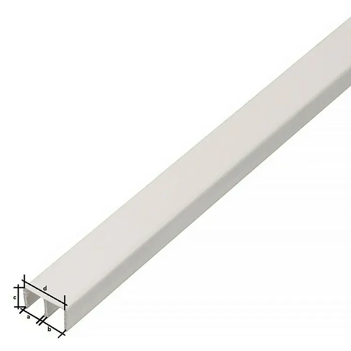 Stabilit Perfil superior - L x An x Al: 1.000 x 16 x 10 mm, Espesor: 1 mm, Blanco - La imagen muestra un perfil de canaleta de cable blanca con dimensiones a, b, c y d, utilizado para la gestión de cables, asegurando una instalación limpia.