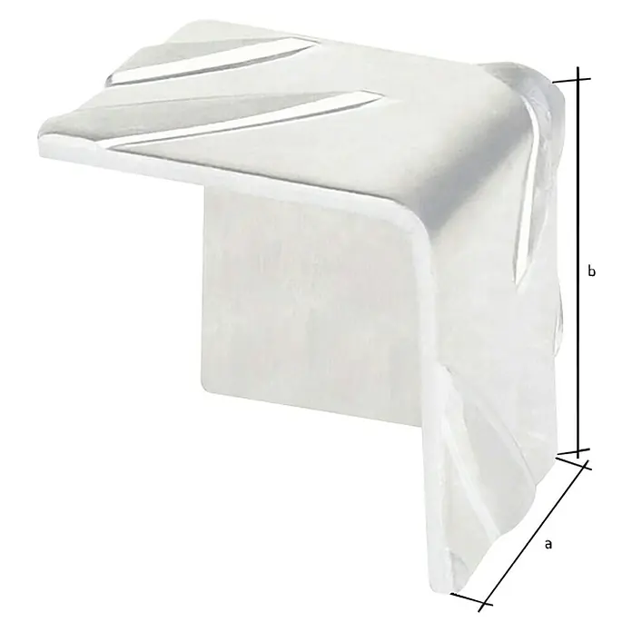 Alberts Escuadra esquinera - 23,5 x 23,5 mm, Aluminio - Primer plano de un protector de esquina de plástico blanco, diseñado para ser aplicado a superficies, protegiendo los bordes de daños.