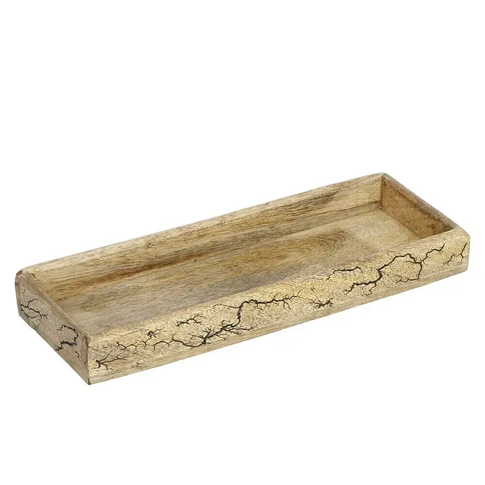 Tablett - Mangoholz, M, L x B: 33 x 12 cm - Rechteckige Holzschale mit markanter Maserung und Rissen für dekorative Zwecke oder zur Aufbewahrung von Kleinigkeiten.
