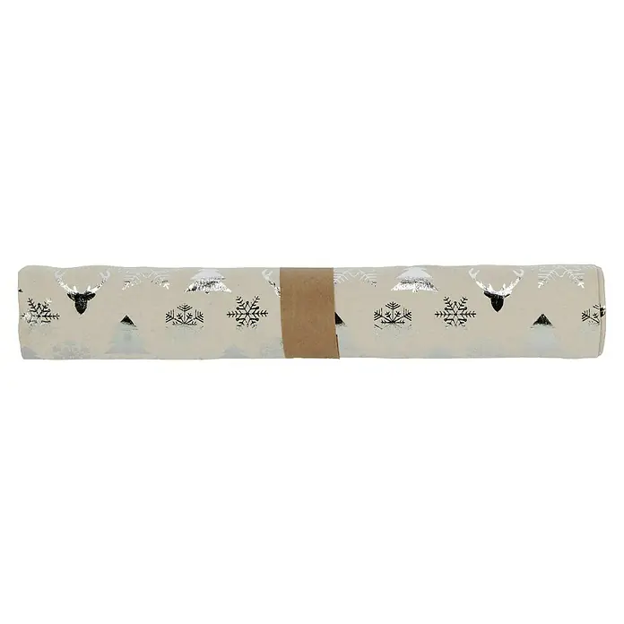 Dekostoff - Beige/Silber, 200 x 28 cm - Eine Rolle Geschenkpapier mit Wintermuster aus Hirschen, Schneeflocken und Tannenbäumen, zusammengehalten mit einer braunen Banderole.