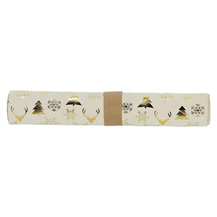 Dekostoff - Beige/Gold, 200 x 28 cm - Eine Rolle festliches Geschenkpapier in Weiß mit goldenen Weihnachtsbäumen, Schneeflocken und Hirschgeweihen, zusammengehalten durch ein braunes Band.