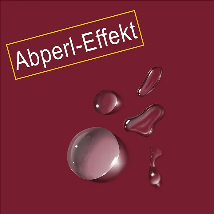Sunfun Gelenkarmmarkise - Weinrot, Breite: 3,95 m, Ausfall: 3 m - Abperl-Effekt: Flüssigkeitstropfen auf weinrotem Hintergrund, die einen wasserabweisenden Effekt demonstrieren.
