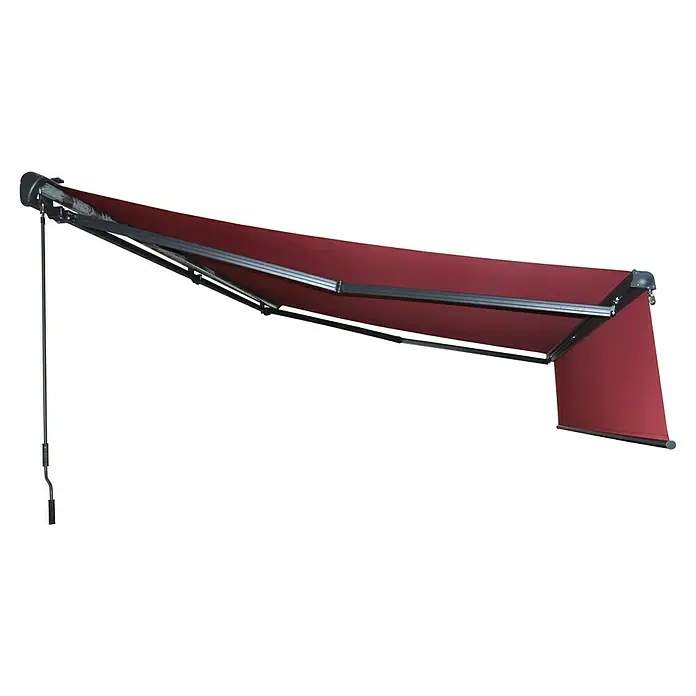 Sunfun Gelenkarmmarkise - Weinrot, Breite: 3,95 m, Ausfall: 3 m - Nahaufnahme einer stilvollen, burgunderroten Markise mit robustem Gestell, die Schatten spendet und das Design aufwertet.