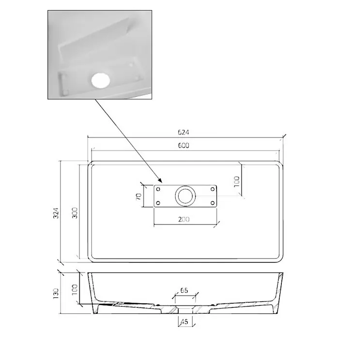 Cipì Lavabo de sobremesa Slash - 62,5 x 32,5 cm, Sin desbordamiento, Blanco - Dibujo de un lavabo rectangular con dimensiones.
