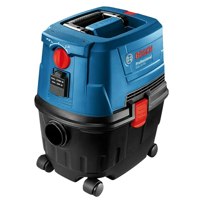 Bosch Professional Elektro-Nass- & Trockensauger GAS 15 PS - 1.100 W, Behältervolumen: 10 l - Hier ist ein blauer und schwarzer Bosch Professional GAS 10 PS Staubsauger für den professionellen Einsatz.
