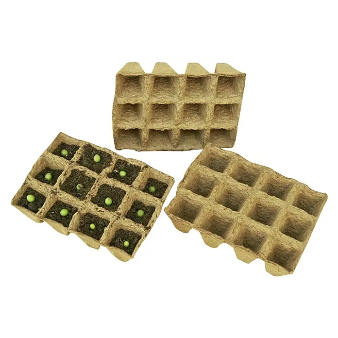 Floraworld Classic Anzuchttopf Set - 3 -tlg., 16 x 12 cm, Natur - Drei Anzuchtschalen aus Zellulose, eine mit Erde und Samen, auf schwarzem Grund. Ideal für die nachhaltige Pflanzenanzucht.
