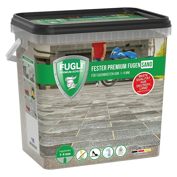 Fugli Fester Fugensand Premium - Basalt, 15 kg - Bild eines Eimers Fugli Fester Premium Fugensand, ideal für Fugenbreiten von 1-4 mm. Qualität aus Deutschland, für beste Ergebnisse.