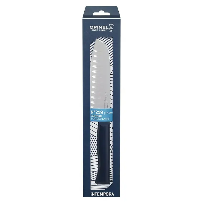 Opinel Intempora II Santokumesser - Klingenlänge: 170 mm, Blau - Ein verpacktes Opinel N°219 Santoku Messer (17 cm) der Intempora-Serie, ideal für präzises Schneiden in der Küche.