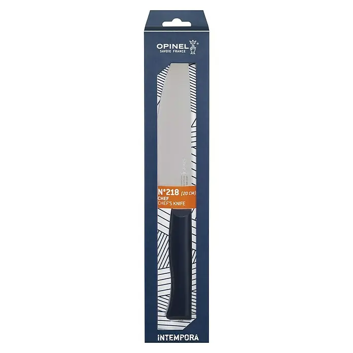 Opinel Intempora II Chefmesser - Klingenlänge: 200 mm, Blau - Verpackung eines Opinel N°218 Kochmessers (20 cm) mit blauem Griff, stilvoll präsentiert in einer blauen Schachtel mit geometrischem Muster.