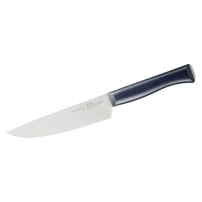 Opinel Intempora II Chefmesser - Klingenlänge: 170 mm, Blau - Abgebildet ist ein Opinel Küchenmesser mit einer hellen Klinge und einem ergonomischen Griff auf einem schwarzen Hintergrund.