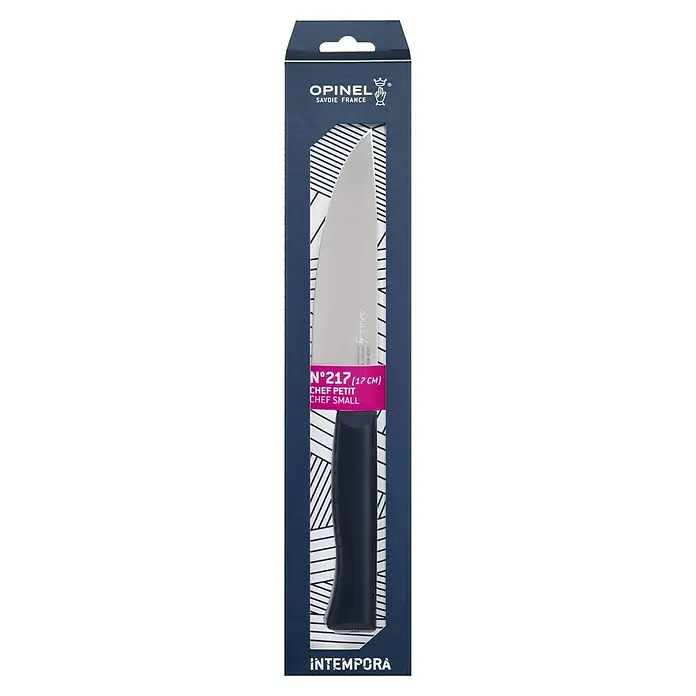 Opinel Intempora II Chefmesser - Klingenlänge: 170 mm, Blau - Nahaufnahme der Verpackung eines Opinel Kochmessers N°217 (17 cm) aus der Intempora-Serie. Elegantes Design und hochwertige Verarbeitung.