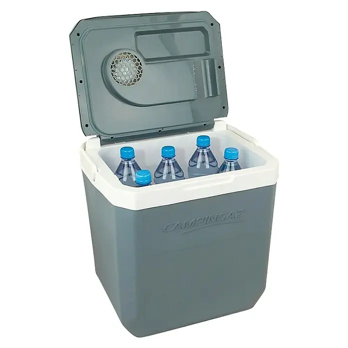 Campingaz Nevera portátil Powerbox® Plus - 40,7 x 43,5 x 31,3 cm, Gris, 24 l - Nevera portátil gris de Campingaz con tapa abierta, con varias botellas de agua en el interior. Ideal para camping y actividades al aire libre.