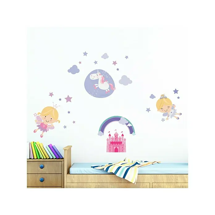 Vinilo de pared Happy Faries - Violeta, Plástico - Adhesivos de pared con un unicornio, hadas, castillo y estrellas para una habitación infantil encantadora. Un toque mágico al espacio.