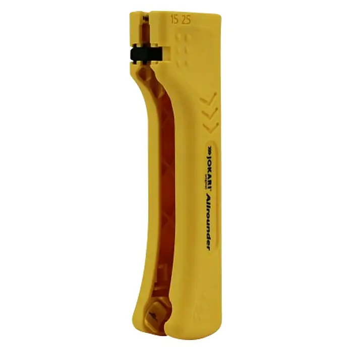 Jokari Kabelentmanteler Allrounder - Kunststoff, Geeignet für Leitungsquerschnitt: 1,5 mm² - 2,5 mm² - Gelber Jokari Allrounder Kabelabisolierer mit der Aufschrift Jokari Allrounder, ein Werkzeug zum Abisolieren von Kabeln.