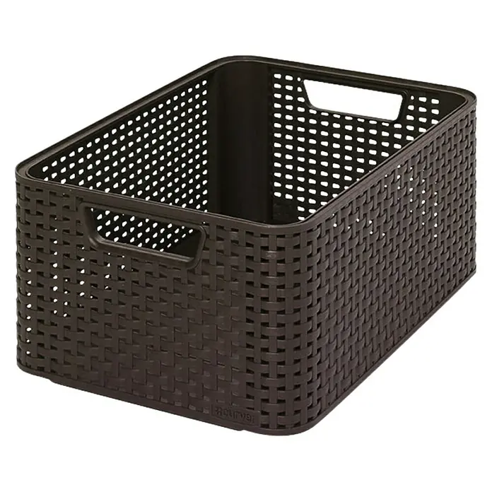 Keter Style Cesto de cuero para la leña - L x An x Al: 38,5 x 29 x 17,2 cm, Marrón - Aquí hay una cesta de almacenamiento marrón con aspecto de mimbre y asas prácticas. Ideal para organizar la casa.