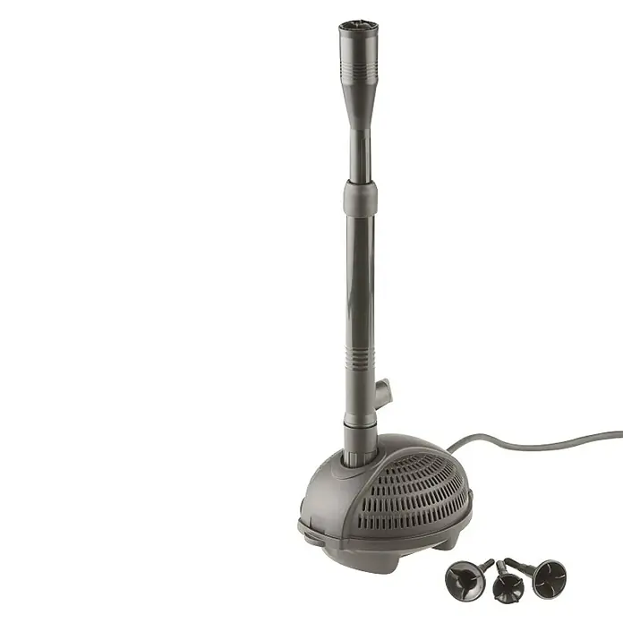 Pontec Teichpumpe PondoVario - 9 W, Fördermenge pro Std.: 750 l - Eine graue Springbrunnenpumpe mit höhenverstellbarem Steigrohr und Saugnäpfen für den sicheren Halt im Teich.