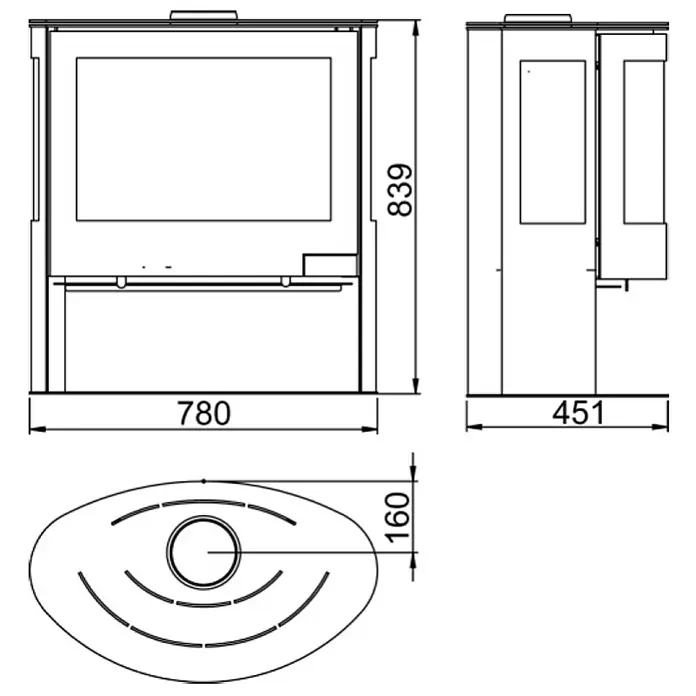 Panadero Kaminofen Iris Eco - 7,8 kW, Raumheizvermögen: 240 m³, Material Verkleidung: Stahl, Schwarz - Abbildung eines Kaminofens mit den Maßen 780 x 839 x 451 mm, einschließlich einer Grundrisszeichnung mit einer Breite von 160 mm.