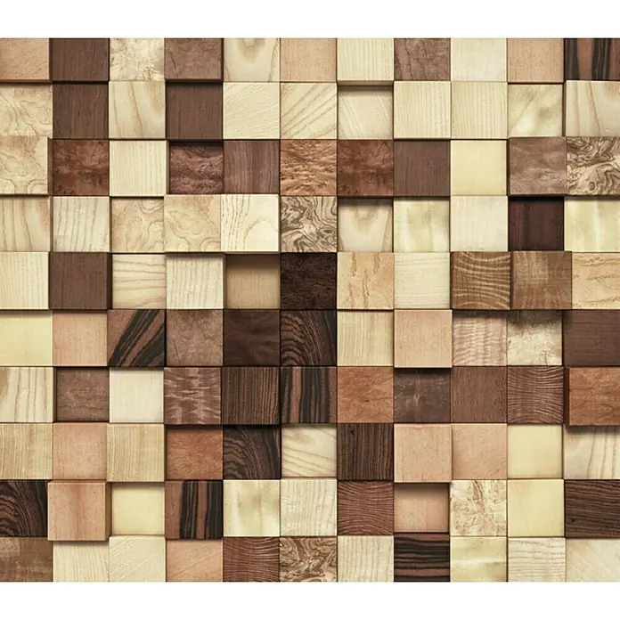 Komar Imagine Edition 3 - Stories Fototapete Lumbercheck - 8 -tlg., B x H: 368 x 254 cm, Papier - Nahaufnahme einer Holzwand mit quadratischen Blöcken in verschiedenen Brauntönen und Holzmaserungen, die eine dreidimensionale Textur erzeugen.