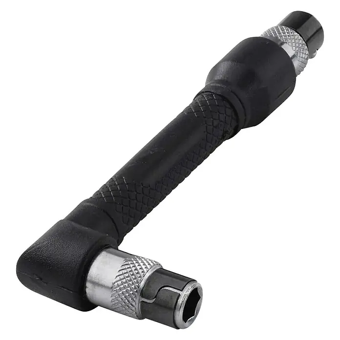 Wolfcraft Llave en forma de L 1573000 - Apto para: Cabezales ¼'' hexagonales, Específico para: Cabezales ¼'' hexagonales - Un adaptador de destornillador en ángulo recto. El adaptador es negro y plateado y tiene una entrada hexagonal.