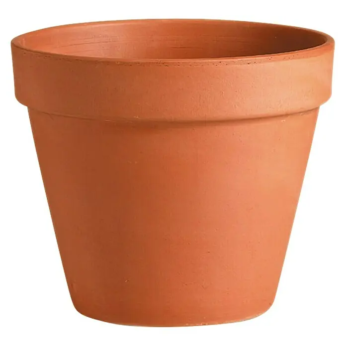 Deroma Pflanzkübel rund Deroma - Außenmaß (Ø x H): 25 x 23 cm, Naturmaterialien, Klinkerrot - Nahaufnahme eines klassischen Terrakotta-Blumentopfs, ideal für Zimmer- oder Gartenzwecke. Schlichtes, zeitloses Design für Pflanzenliebhaber.