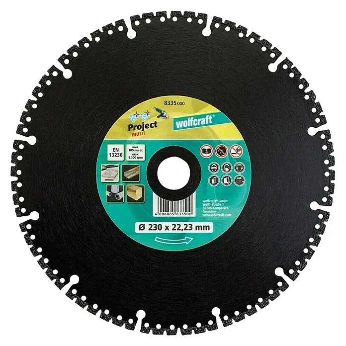 Wolfcraft Disco de corte Pro Multi - Orificio: 22,23 mm, Diámetro del disco: 230 milímetros (mm) - La imagen muestra un disco de corte Wolfcraft Project Multi con un diámetro de 230 mm y un orificio de 22,23 mm.