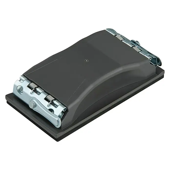 Wolfcraft Lijadora manual - 160 x 85 x 45 mm - Una lijadora manual gris con pinzas de metal para asegurar el papel de lija, diseñada para un lijado preciso.