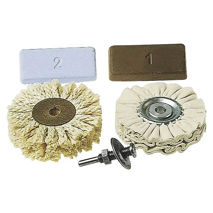 Wolfcraft Set de muelas para pulir - Cantidad total: 6 pzs. - Juego de pulido con dos pastas de pulir, dos ruedas de pulir y un adaptador para taladros. Ideal para pulir diversos materiales.