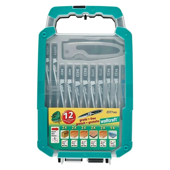 Wolfcraft Juego de hojas de sierra de calar - 12 pzs., Acero HS - Juego de hojas de sierra de calar Wolfcraft: Hojas versátiles para madera y metal, con cuchillo – cortes precisos para cada proyecto.