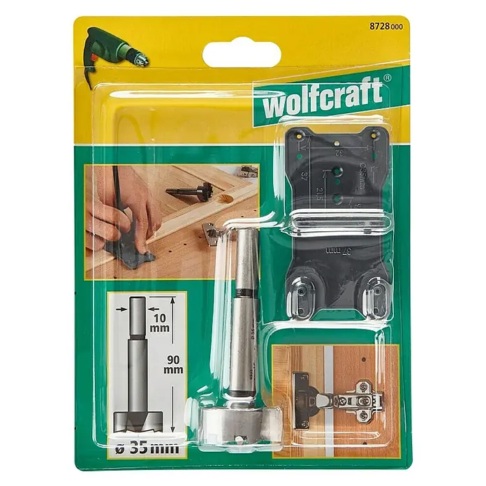 Wolfcraft Set de brocas Forstner - 2 pzs., Diámetro vástago: 10 mm - Juego de brocas para bisagras Wolfcraft en embalaje. El juego contiene herramientas para instalar bisagras en muebles, como brocas y plantilla.