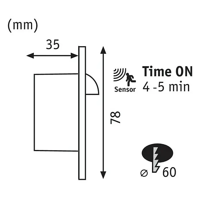Paulmann LED-Einbauleuchte rund - 2,7 W, Weiß, L x B: 7,8 x 7,8 cm, Rund - Abbildung der Abmessungen der LED-Wandleuchte mit Sensor, inklusive der Größen 35 mm, 78 mm und 60 mm für die Montage.