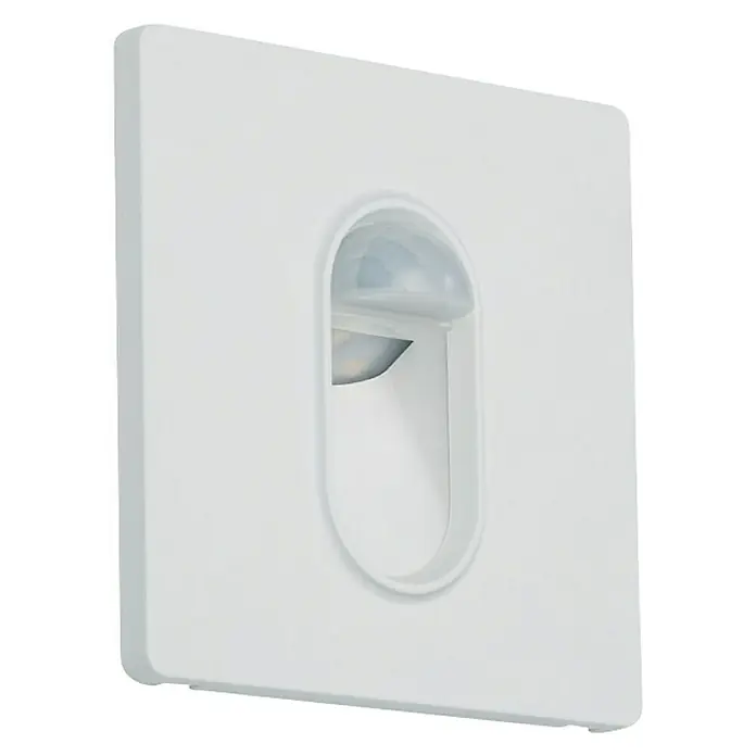 Paulmann LED-Einbauleuchte eckig - 2,7 W, Weiß, L x B: 7,8 x 7,8 cm, Eckig - Nahaufnahme eines weißen Bewegungsmelders für die Wandmontage. Das Gerät hat ein modernes, quadratisches Design mit abgerundeten Kanten.