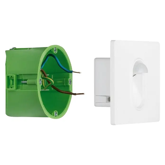 Paulmann LED-Einbauleuchte eckig - 2,7 W, Weiß, L x B: 7,8 x 7,8 cm, Eckig - Eine grüne Verteilerdose mit farbigen Kabeln und einem weißen Lichtschalter mit Bewegungsmelder für die Wandmontage.