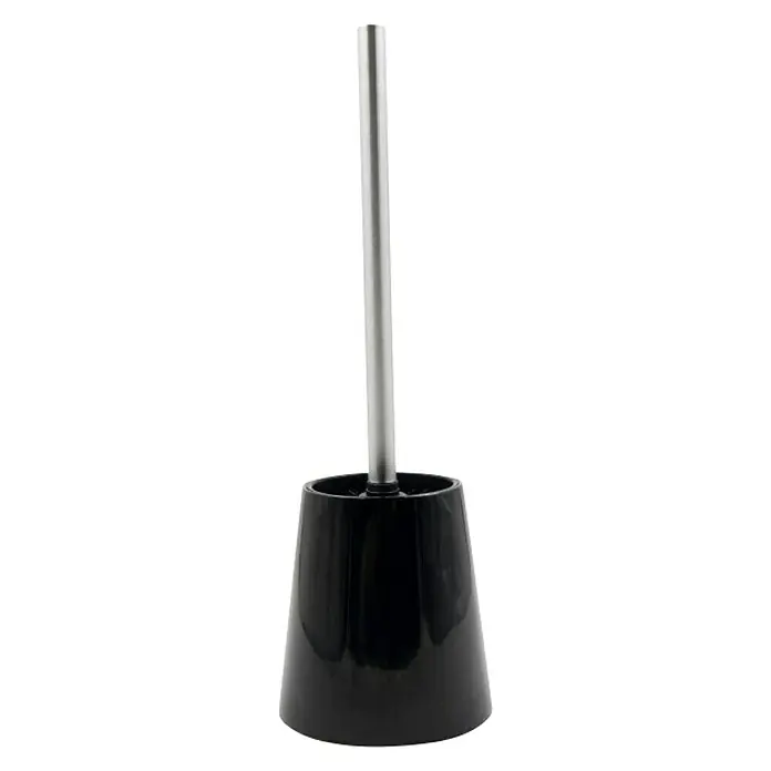 Venus Conjunto de escobilla Mambo trapecio - Plástico, Negro - Escobilla de baño negra con mango largo plateado y recipiente a juego para una decoración de baño limpia y elegante.