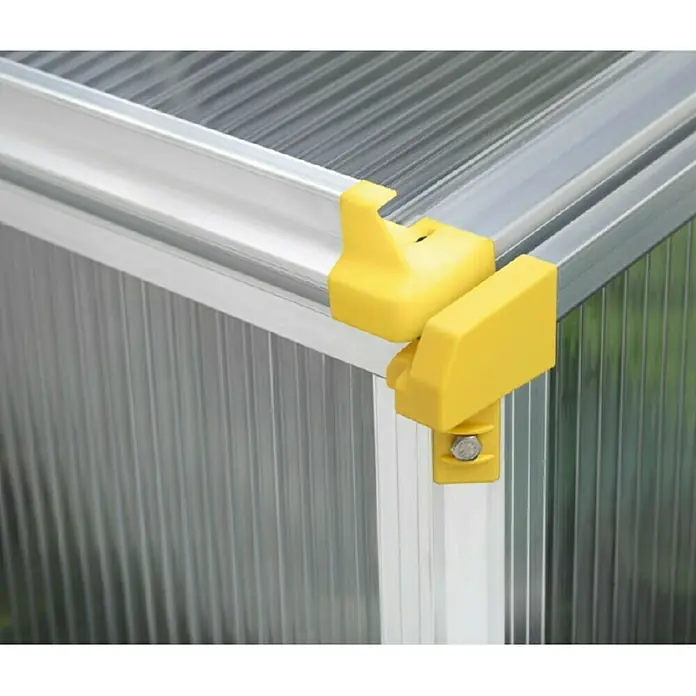 Juwel Gewächshaus Biostar Protect 1000 - 100 x 76,5 x 52 cm, Kunststoff - Detailaufnahme einer Gewächshausecke mit gelben Verbindungsstücken, die die Aluminiumprofile und die transparenten Wände verbinden.