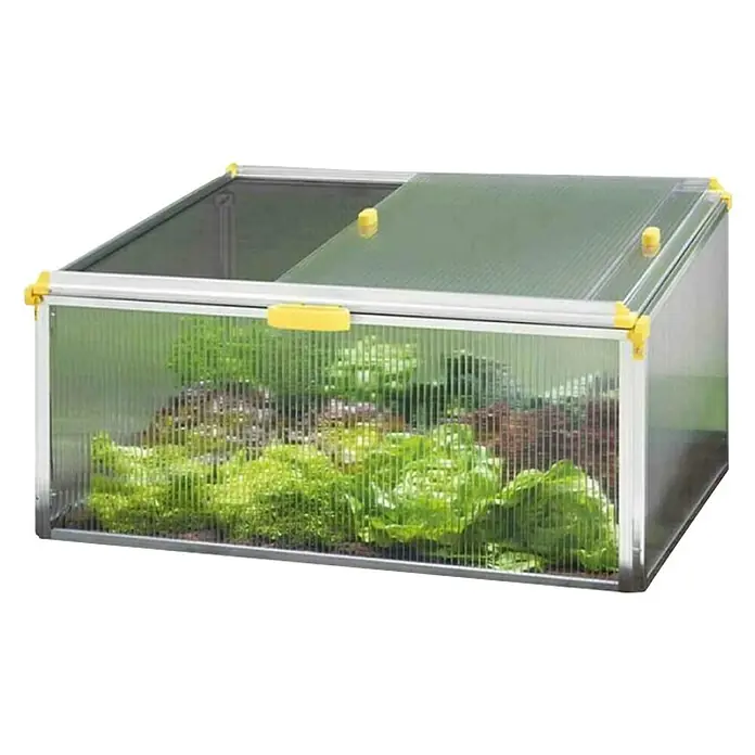Juwel Gewächshaus Biostar Protect 1000 - 100 x 76,5 x 52 cm, Kunststoff - Nahaufnahme eines kleinen Gewächshauses, das mit frischem Salat und anderen Pflanzen gefüllt ist und zum Anbau im Garten dient.