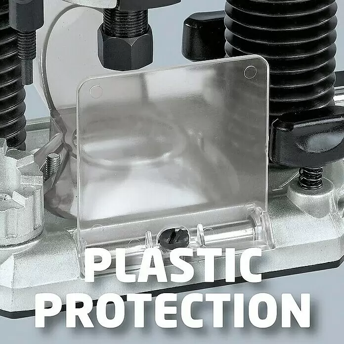 Einhell Fresadora eléctrica TC-RO 1155 E - 1.100 W, 11.000 r.p.m. - 30.000 r.p.m., Diámetro del portaherramientas: 6 mm - 8 mm - Protector de plástico transparente en una herramienta eléctrica.