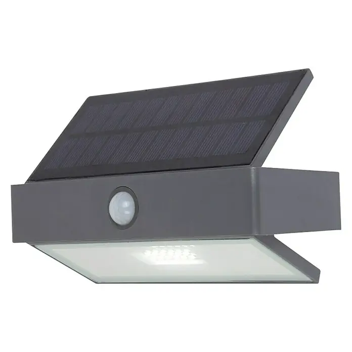 Lutec Aplique solar para exterior Arrow LED - 2 W, L x An x Al: 10,9 x 7,4 x 17,6 cm, Antracita, Blanco, IP44 - Imagen de una luz solar con detector de movimiento, ideal para uso exterior, caracterizada por su fuente de energía ecológica.