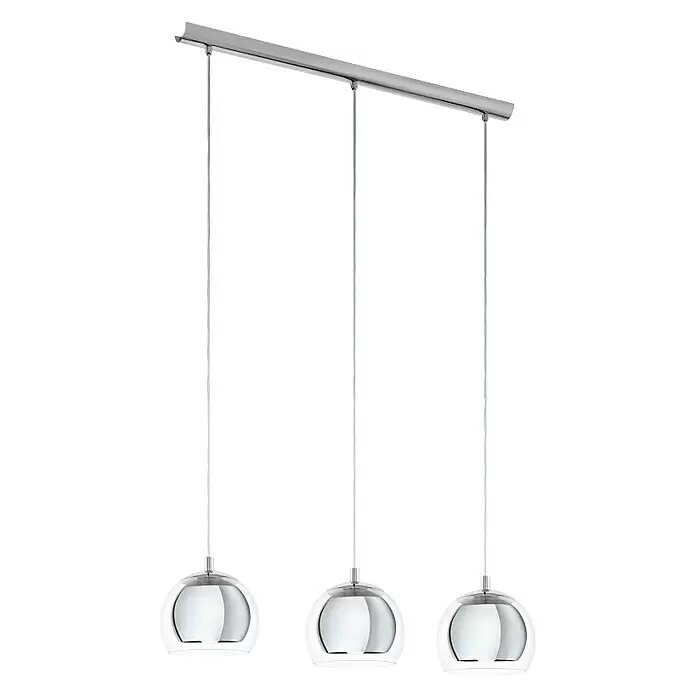 Eglo Lámpara colgante redonda Rocamar - Altura: 110 cm, Cromo, 120 W - Lámpara colgante moderna de 3 luces con pantallas esféricas de cristal transparente y accesorios plateados en una barra lineal.