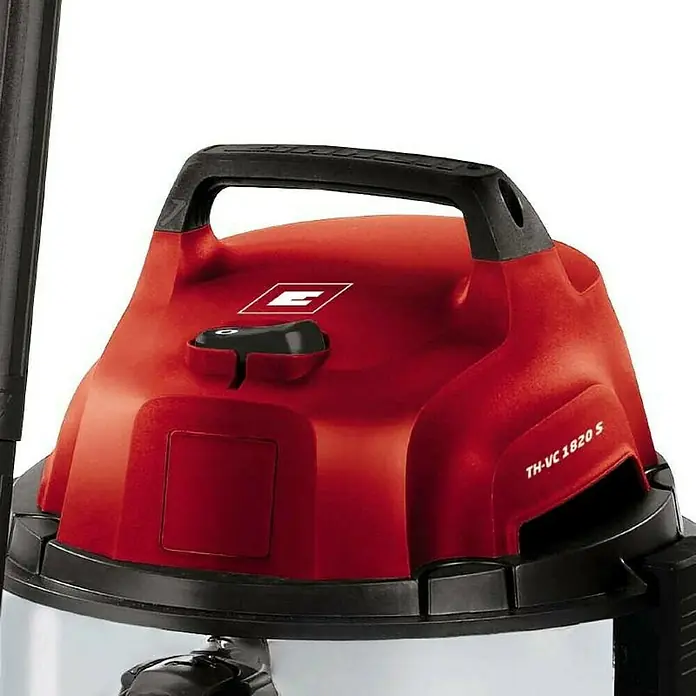 Einhell Elektro-Nass- & Trockensauger - 1.250 W, Behältervolumen: 20 l - Detailansicht des roten Einhell TH-VC 1820 S Nass-Trockensaugers mit schwarzem Tragegriff und Schalter.