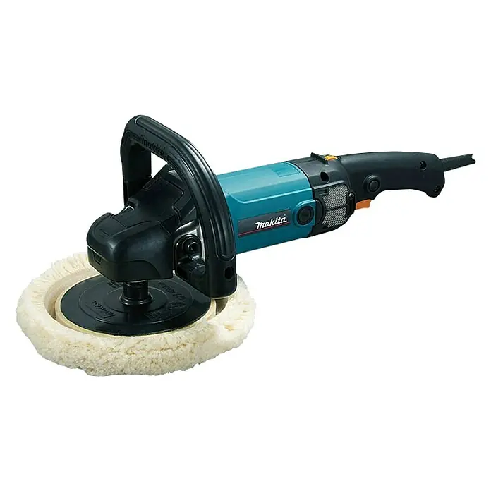 Makita Pulidora 9237CB - 1.200 W, Diámetro plato de pulir: 180 mm - Una pulidora Makita con un accesorio de pulido suave, sobre un fondo negro.