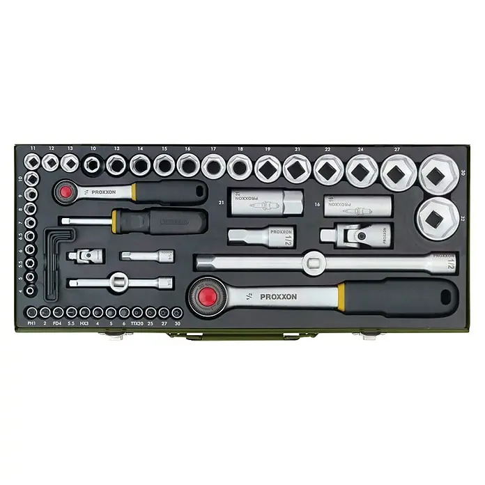 Proxxon Industrial Steckschlüssel-Set - 56 -tlg., Antriebsgröße: ½″ - Ein Proxxon Werkzeugkoffer mit verschiedenen Steckschlüsseln, Schraubendrehern und anderem Zubehör, ideal für Heimwerker und Profis.
