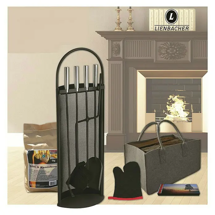 Lienbacher Set de accesorios para estufa - 5 pzs., Apto para: Hornos - Un juego de herramientas para chimenea con accesorios, incluyendo un atizador, pala y escoba, perfecto para el mantenimiento de la chimenea y el transporte de leña.